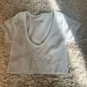 White Ribbed V-Neck Women's Top